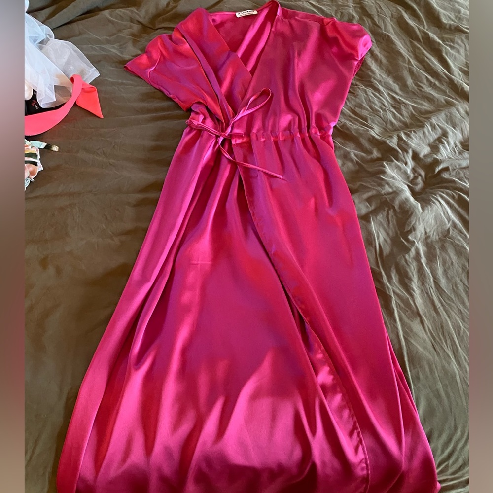 Hot Pink Satin Maxi Wrap Dress